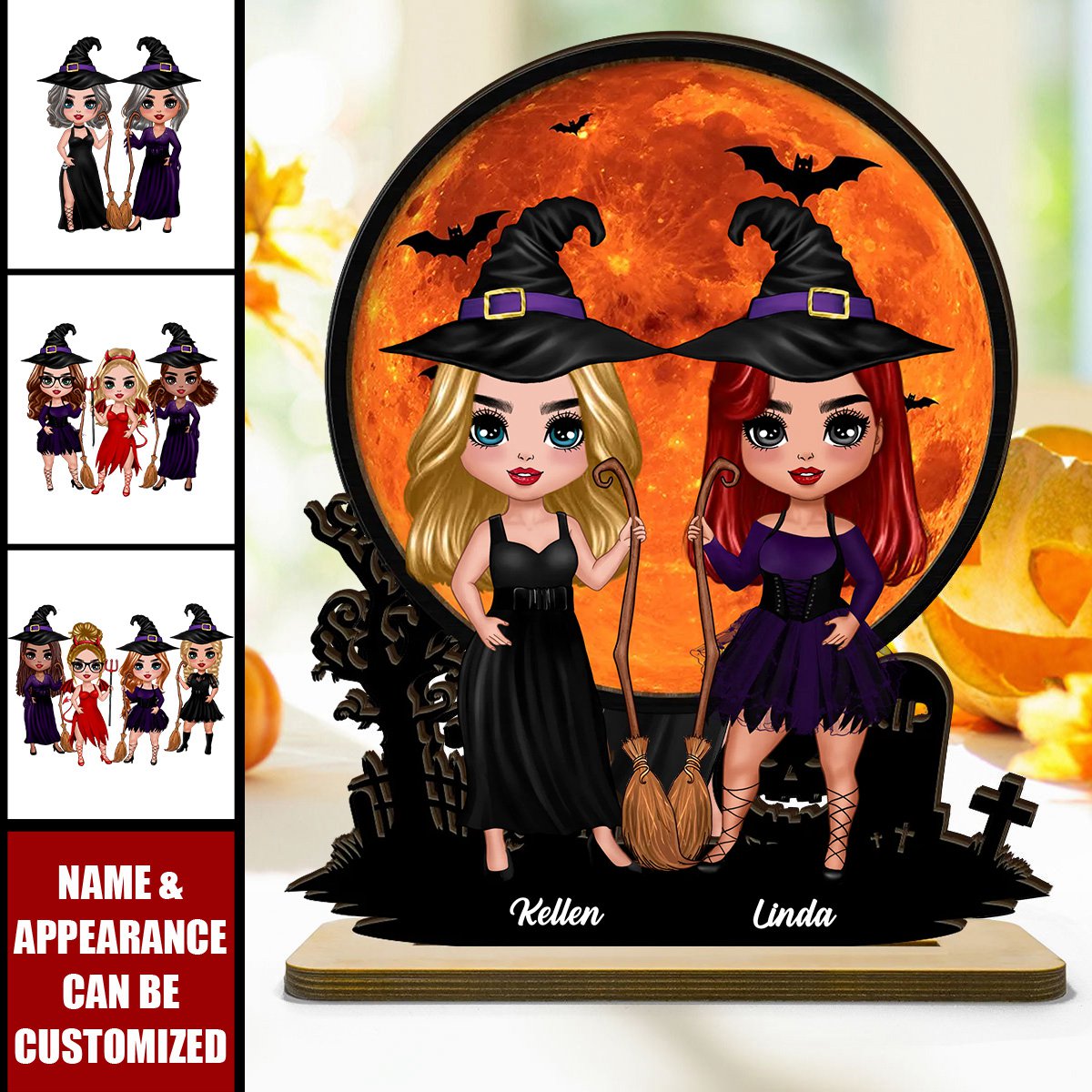 Witch Besties Halloween Moon Tabletop Decor Personalized 2-Layer Standing Wooden Plaque