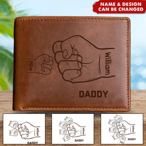 Personalized Hands Clenched Custom Father & Kid Names Gift for Dad Laser Leather Wallet