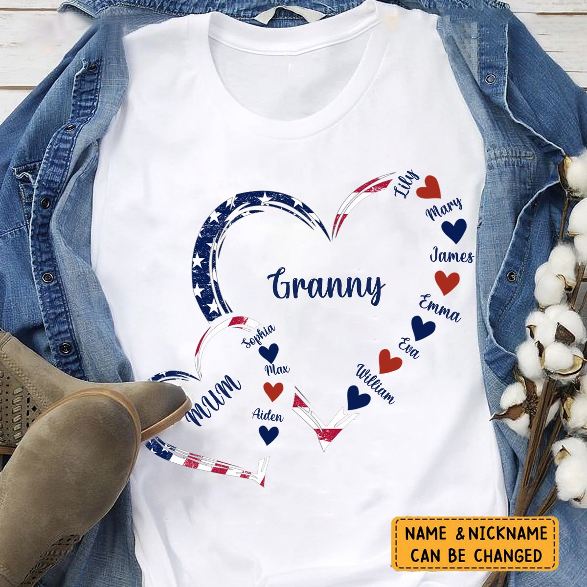 4th Of July America Flag Heart Mom Grandma And Grandkids Hearts Gift For Grandma Personalized Shirt