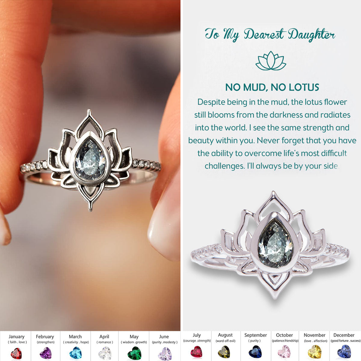 No Mud, No Lotus - Personalized Birthstone Lotus Ring, Women Gift