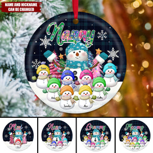 Personalized Grandma Snowman & Kid Christmas Tree Circle Ceramic Ornament