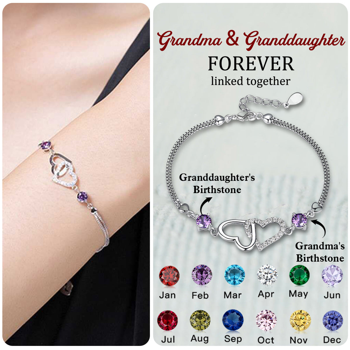 Grandma And Granddaughter Heart Linked Personalized Birthstone Bracelet