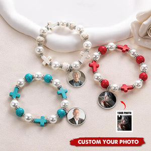 Cross Elastic Cord With Photo Personalized Memorial Bracelet, Gift for Christian