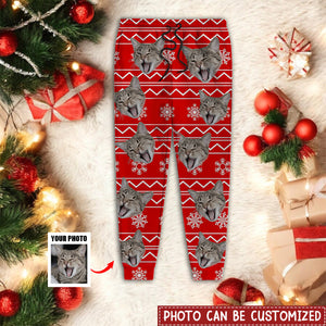 Custom Portrait Photo Dog Cat Personalized Sweatpants With Christmas Pattern