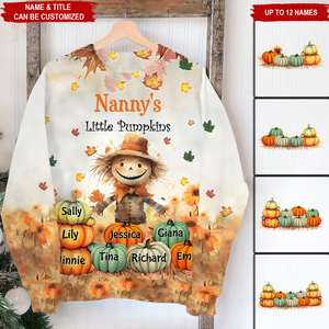 Grandma's Little Pumpkins Scarecrow Standing With Pumpkins Around Personalized Sweatshirt