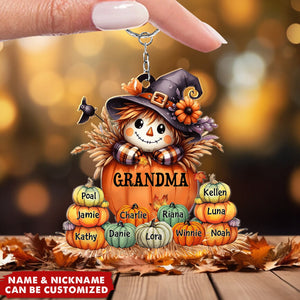 Grandma's Little Pumpkins - Scarecrow Grandma With Pumpkin Kid Names Personalized Keychain