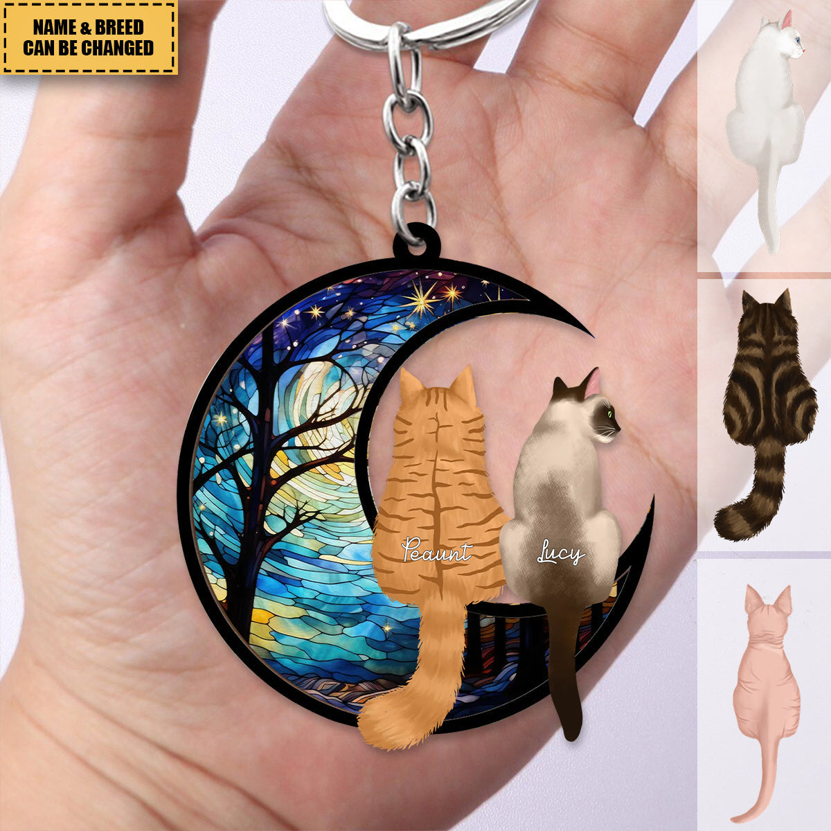 Cats On Moon Personalized Keychain, Halloween Decor For Cat Lovers