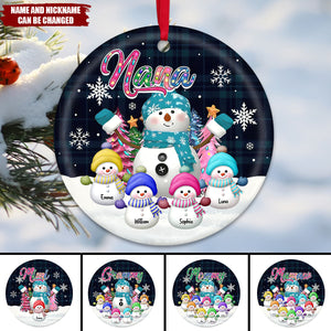 Personalized Grandma Snowman & Kid Christmas Tree Circle Ceramic Ornament