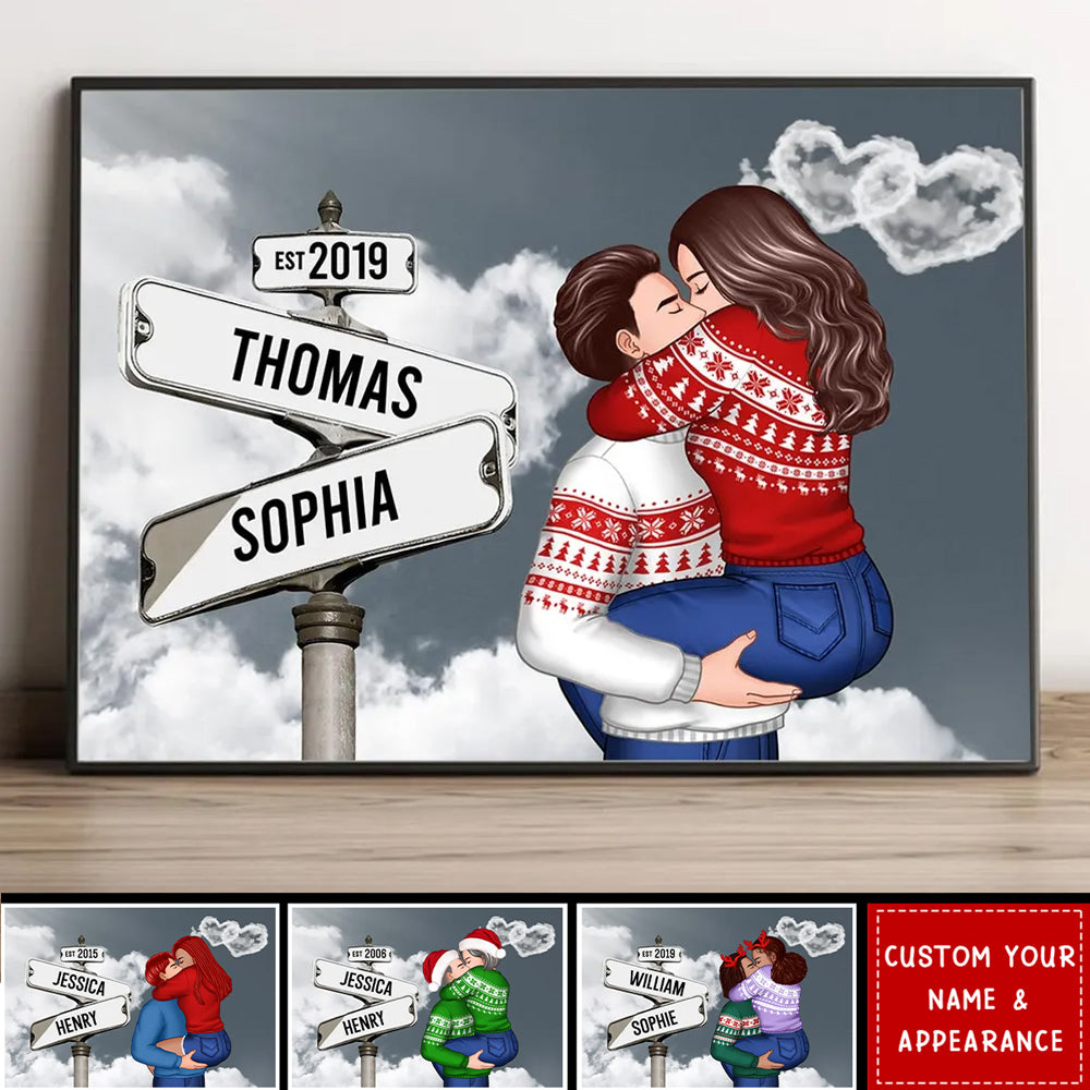 Couple Hugging Kissing, Sign Post Personalized Poster, Christmas Gift For Him, Gift For Her