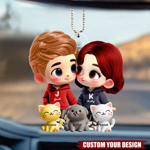 Cute Cartoon Couple Holding Hands with Dogs Cats Personalized Acrylic Ornament