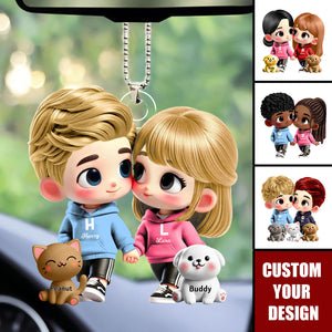 Cute Cartoon Couple Holding Hands with Dogs Cats Personalized Acrylic Ornament