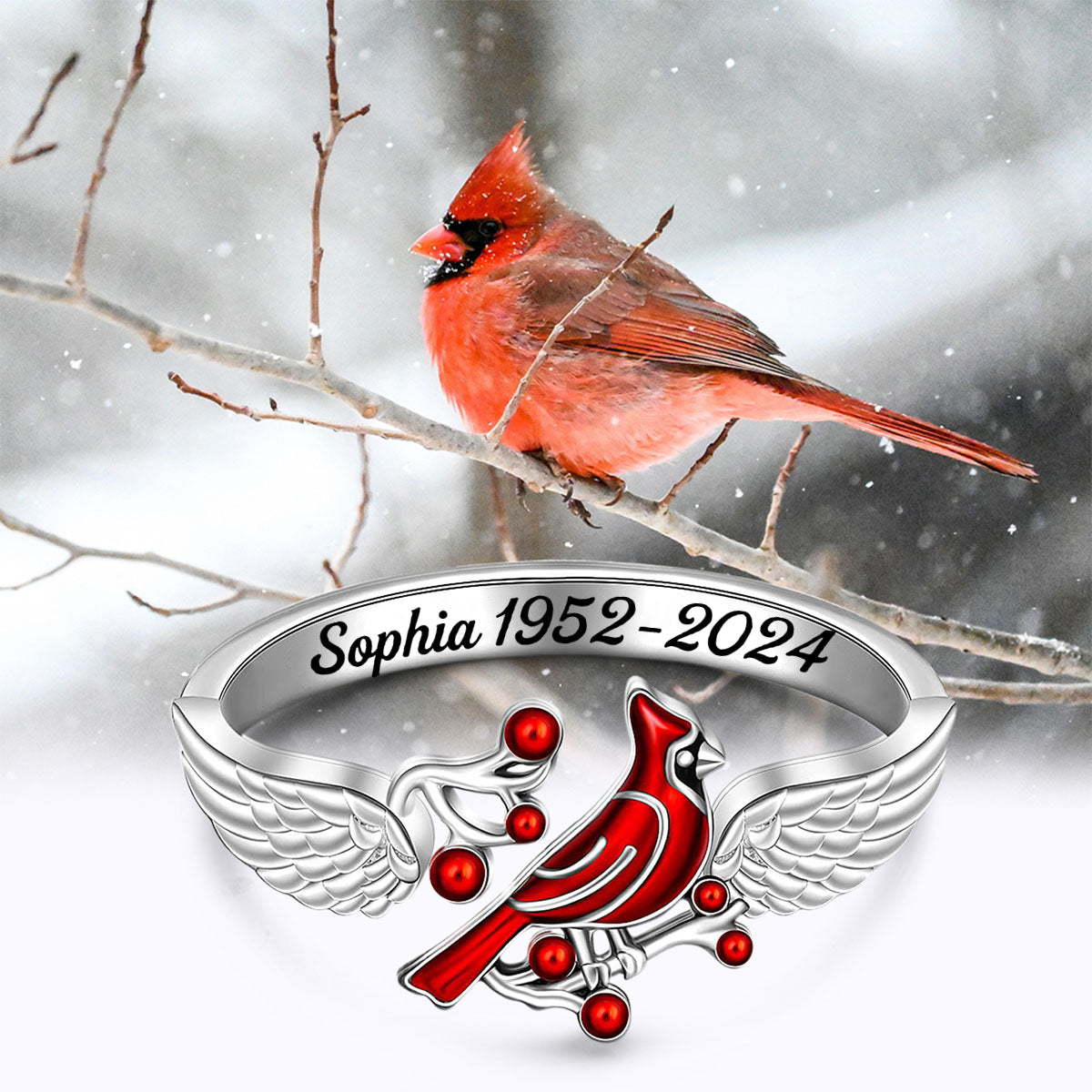 Cardinal Feather Angel Wing Adjustable Open Memorial Personalized Ring