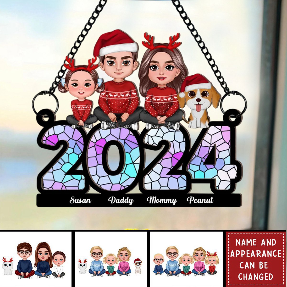 Family Sitting 2024 Personalized Window Hanging Suncatcher Ornament, Christmas Decor