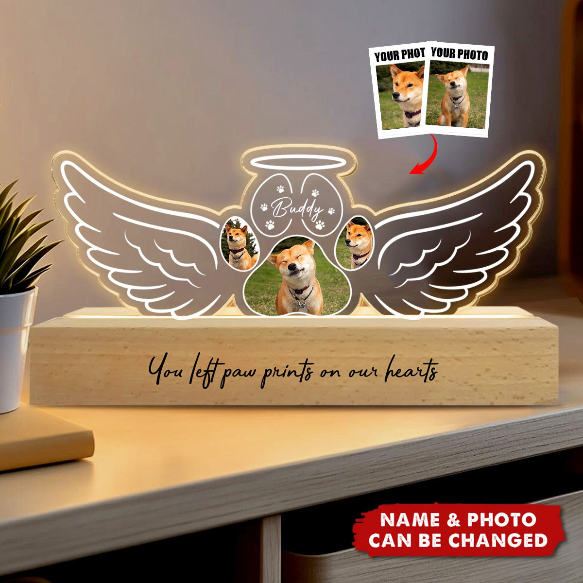 Angel Wings Pet Memorial Personalized LED Night Light, Sympathy Gift For Dog Cat Lovers