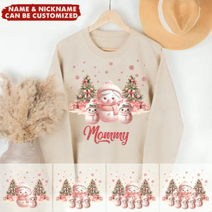 Pink Themed Snowman Grandma With Cute Little Snowman Kids Personalized Sweatshirt