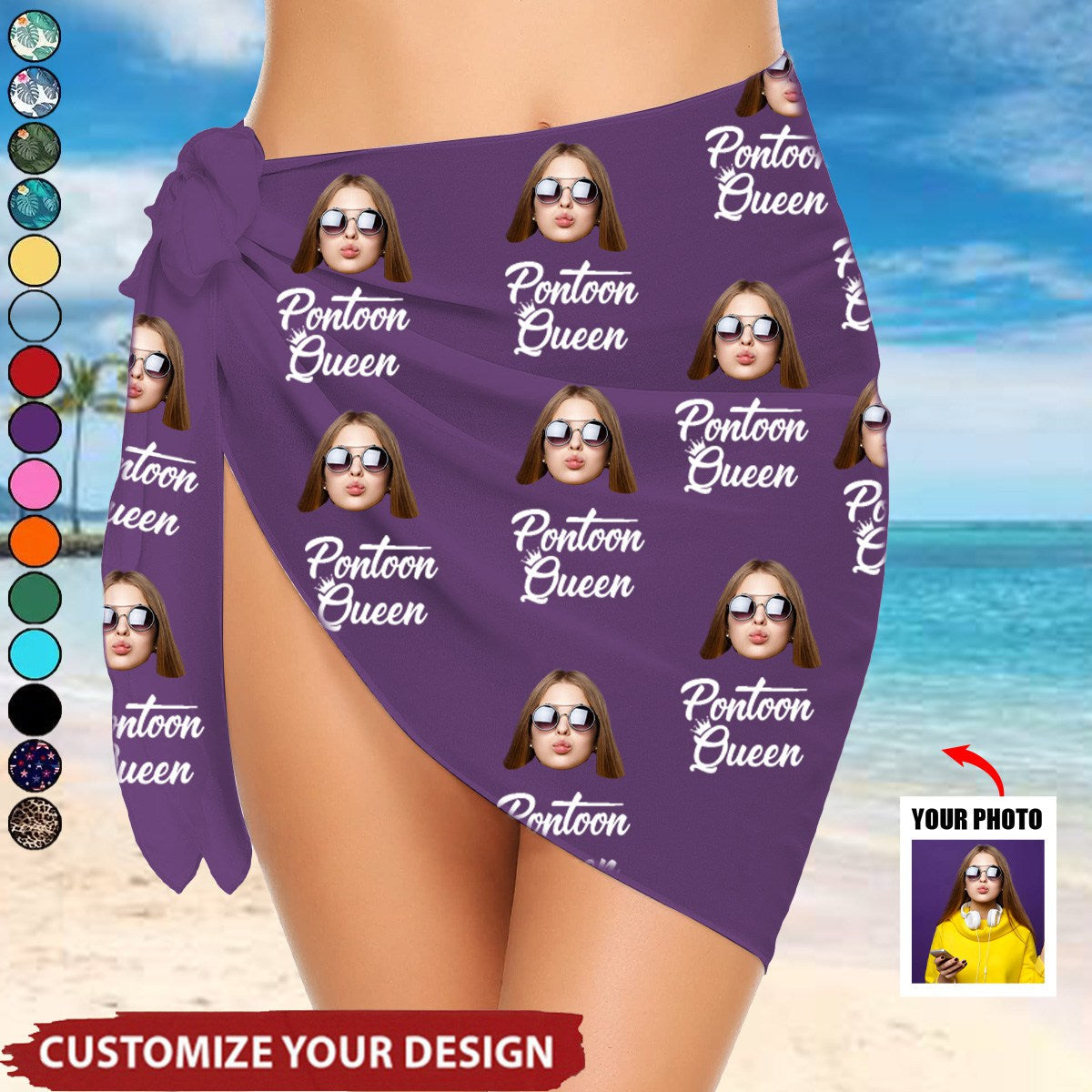 Custom Photo Pontoon Queen - Personalized Short Sarong Swimwear Cover Ups