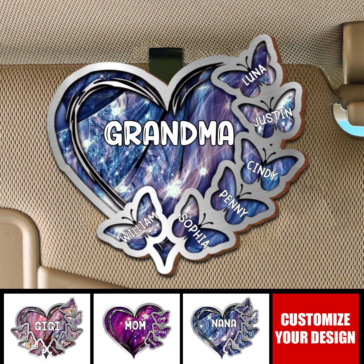 Sparkling Grandma - Mom Heart Butterfly Kids, Multi Colors Personalized Car Visor Clip