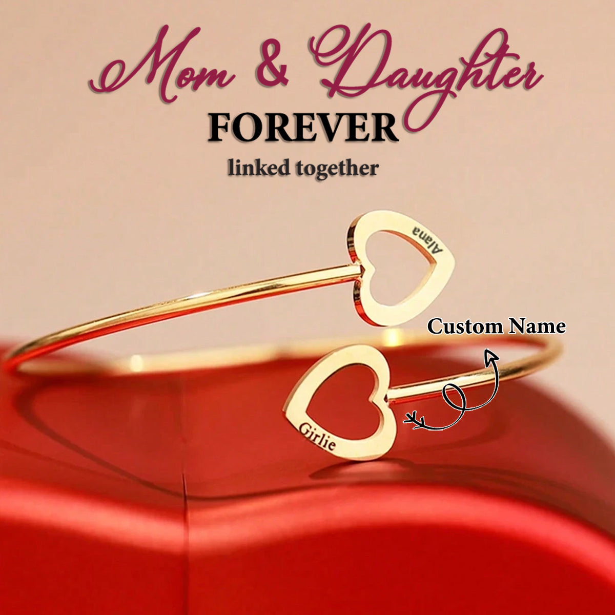 Double Hearts Peronalized Open Adjustable Bangle, Gift For Daughter Granddaughter