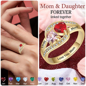 Double Heart Birthstone Linked Together Personalized Ring, Gift For Mom