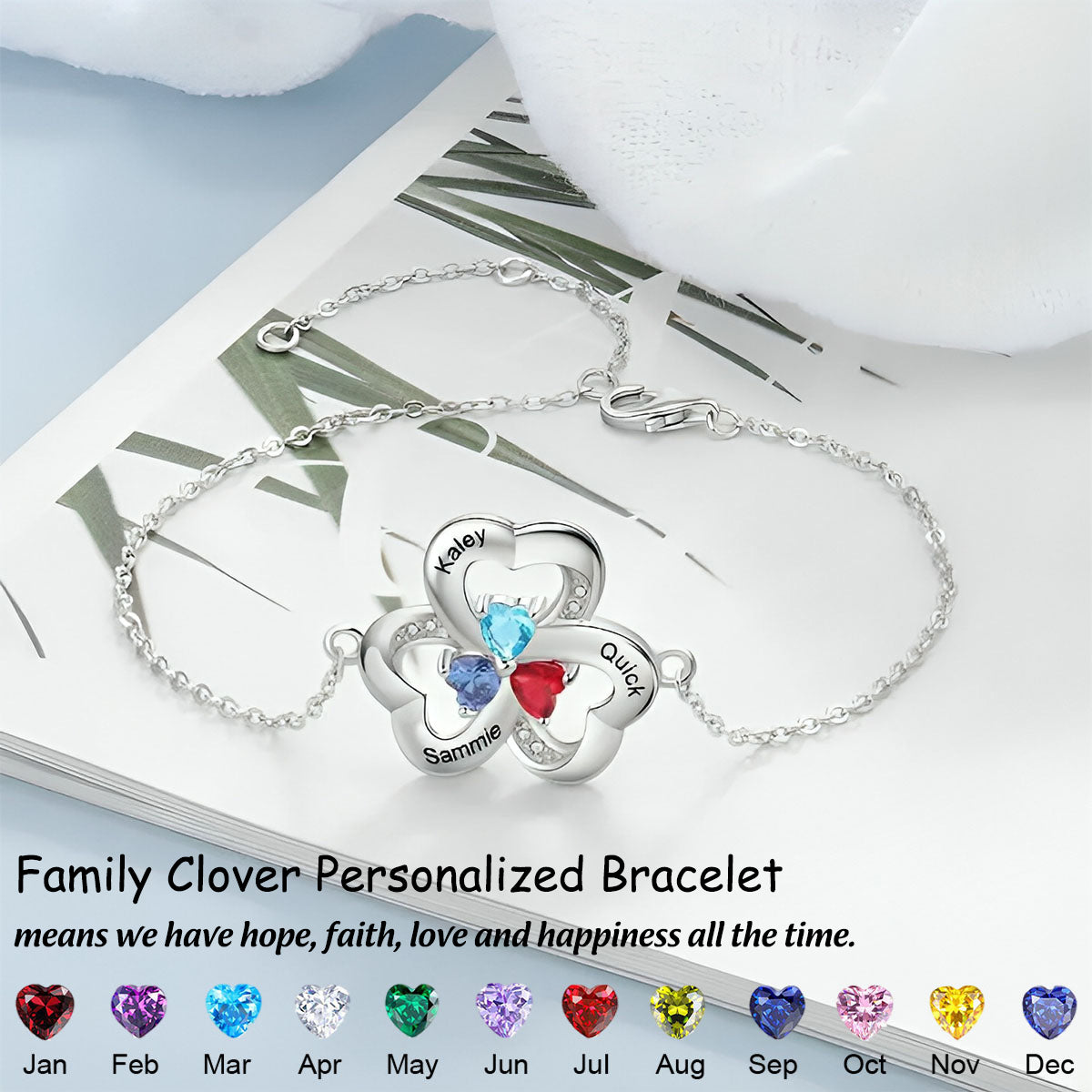 Clover Heart Custom Birthstone Personalized Bracelet, Gift For Family