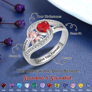 Double Heart Birthstone Linked Together Personalized Ring, Gift For Mom