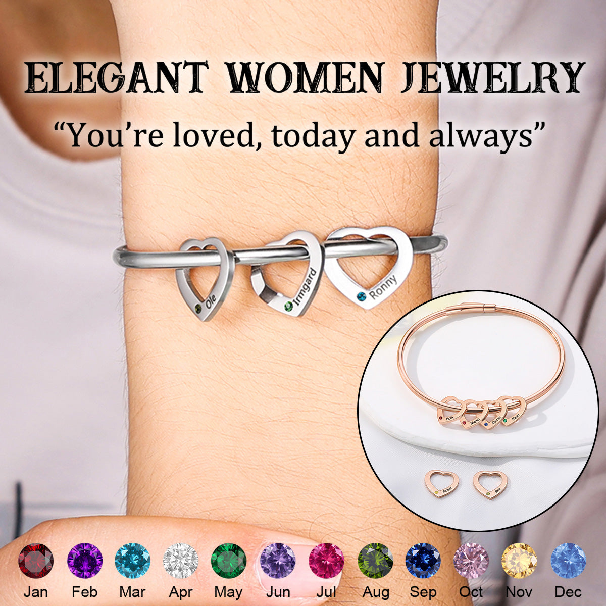 Heart With Engraved Name Birthstone Personalized Bangle, Family Gift For Women