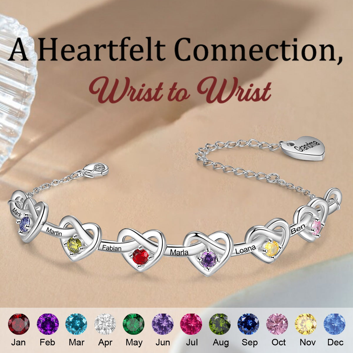 Linked Heart Bracelet With Birthstones Engraved Name Custom Bangle, Mom Grandma Gift