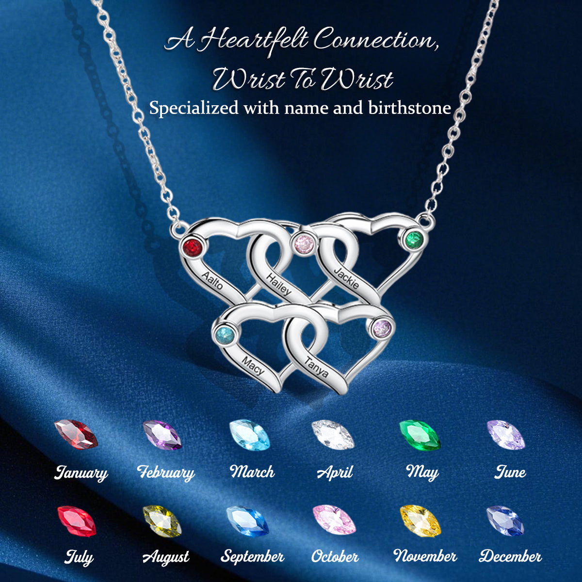 Heart To Heart Custom Birthstone Name Necklace, Gift For Mom Grandma