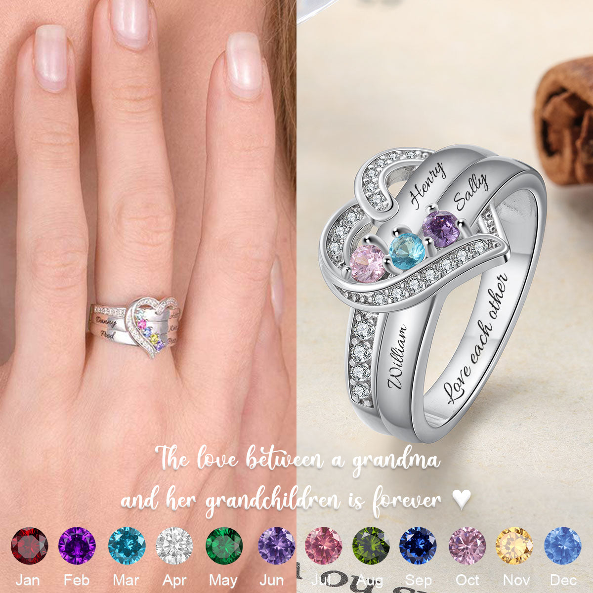 Heart Design Engraved 1-6 Birthstones and Names Personalized Ring, Gift For Mother Grandma