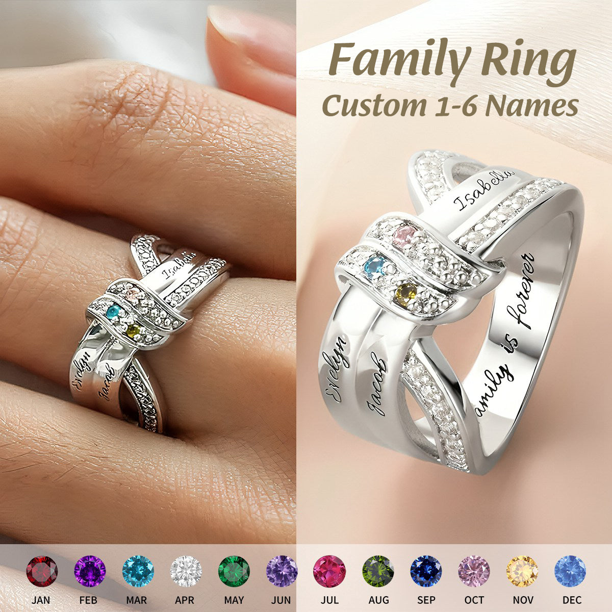 Ribbon Knot With 1-6 Birthstones And Engraved Names Zircon Family Personalized Ring, Gift for Mom Grandma