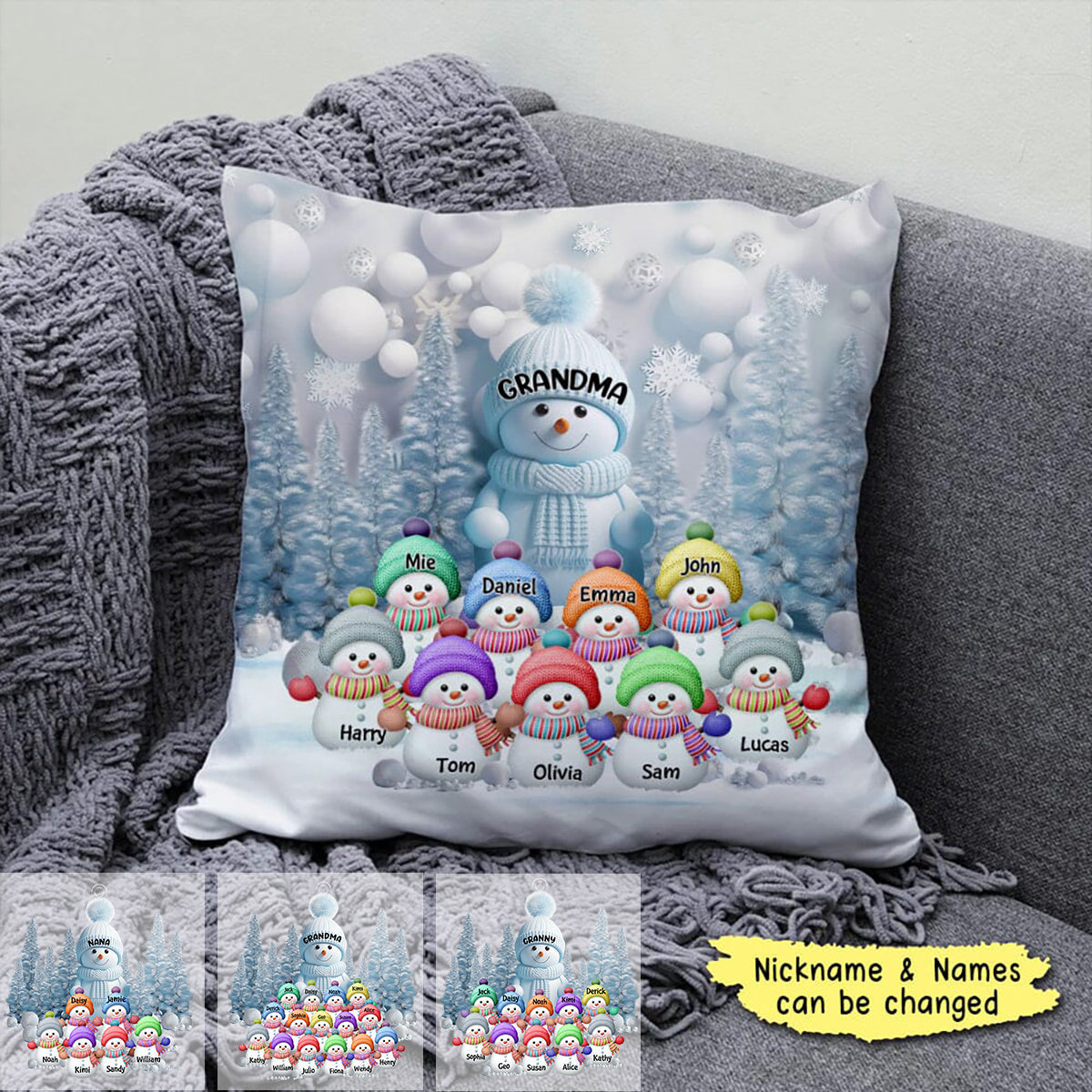 Christmas Blue Vibe Snowman Grandma Mom Colorful Kids Personalized Pillow