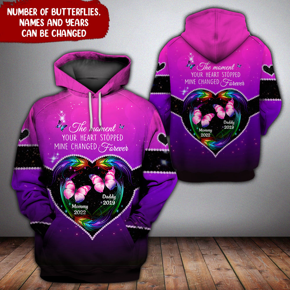 THE MOMENT YOUR HEART STOPPED MINE CHANGED FOREVER BUTTERFLY FEATHER PATTERN Personalized Hoodie