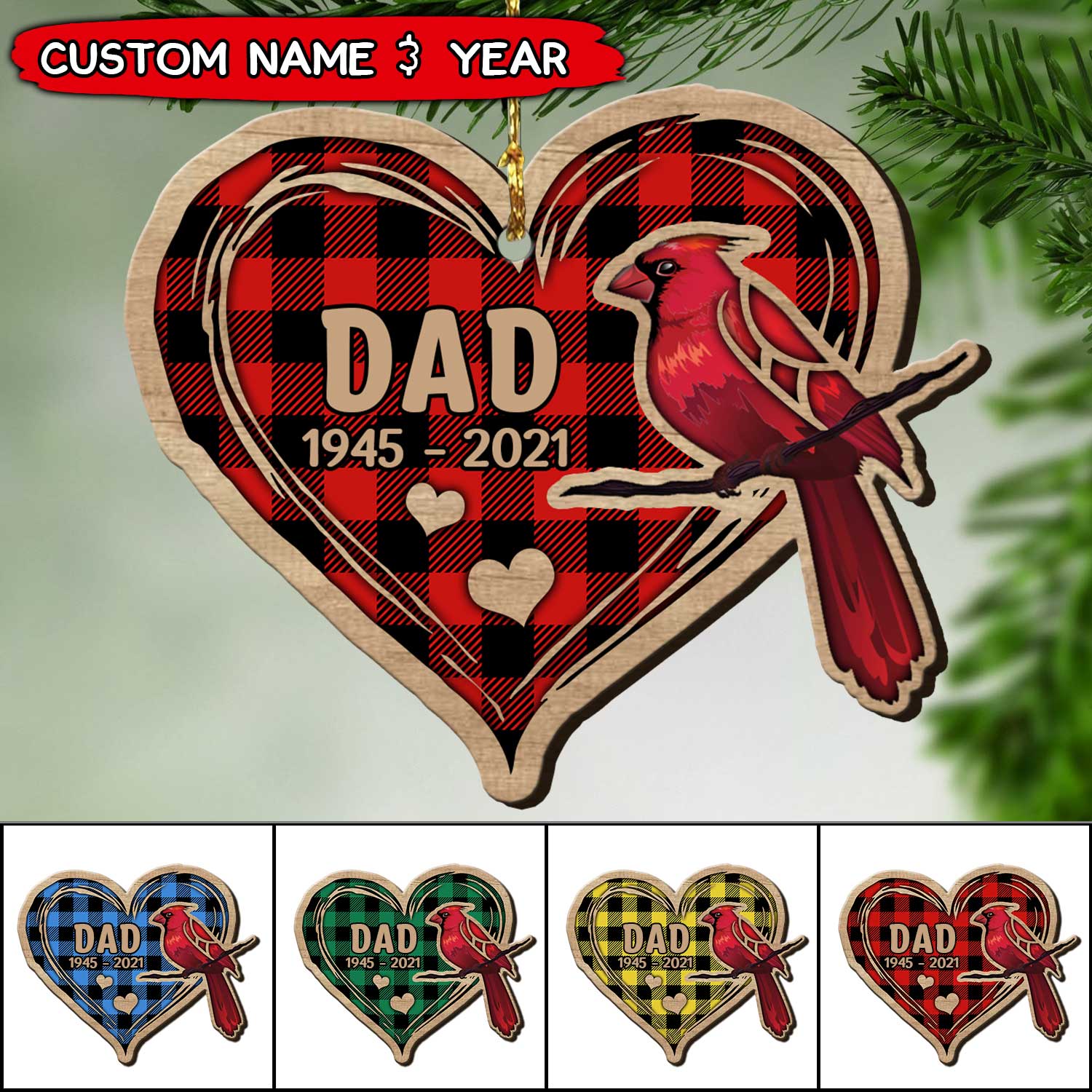 Personalized Memorial Christmas Cardinal Heart Wooden Ornament