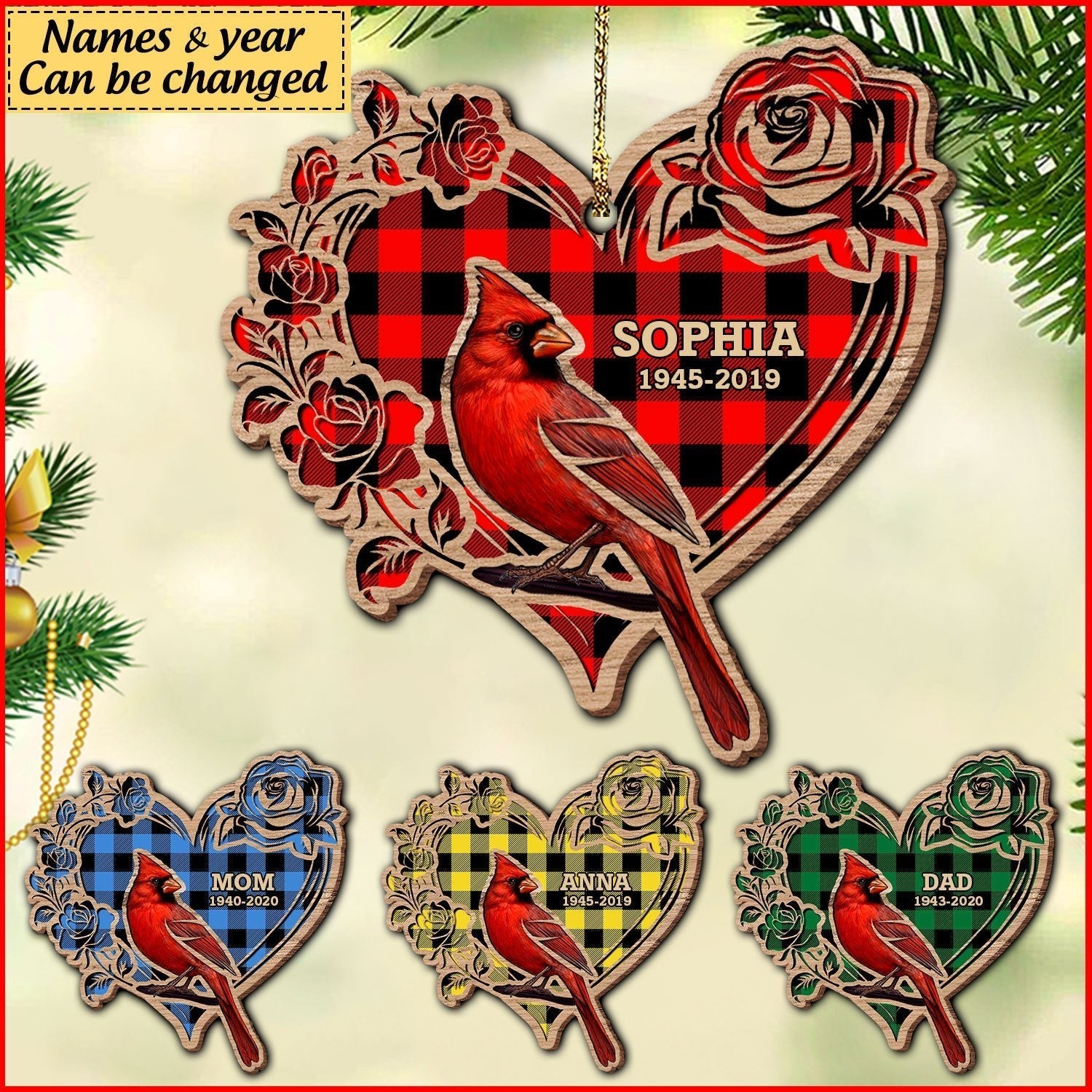 Personalized Memorial Christmas Cardinal Heart Wood Ornament